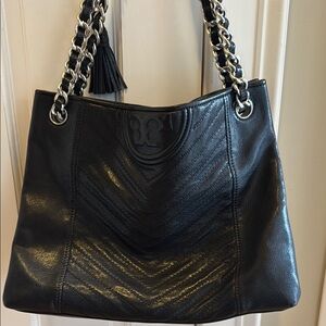 Tory Burch Fleming Black Quilted Shoulder Bag with Silver Chain Strap